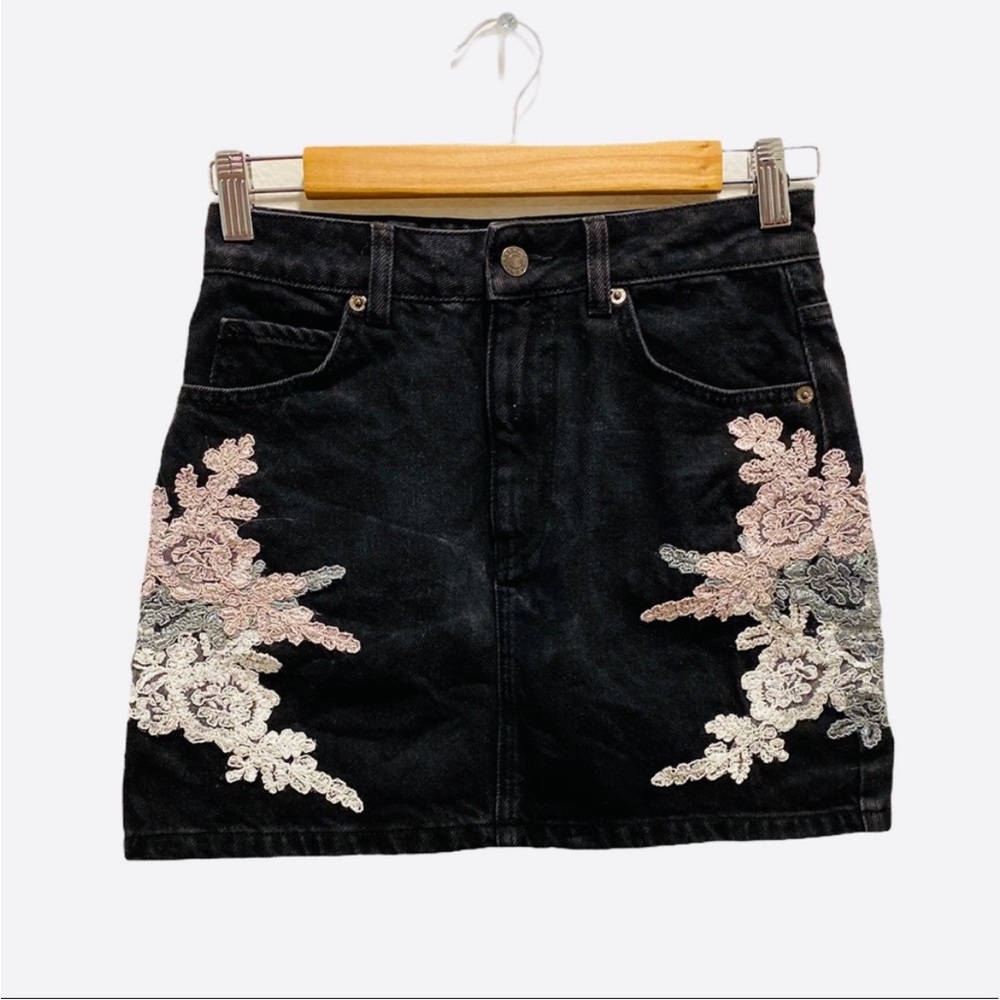 Topshop Black Denim Mini Skirt with Floral Embroidery